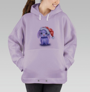 Любопытный сиреневый зайчик в рождественской шапке зимние моменты, Hoodie Oversize Fiolet