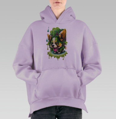 Маленькая корги бежит зелёный фон веселый стиль, Hoodie Oversize Fiolet, утепленная