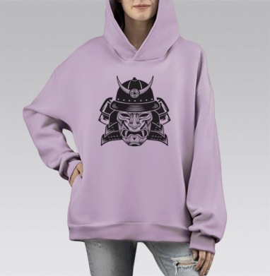Маска самурая черно белая на сером фоне, Hoodie Mono Fiolet, оверсайз, утепленная