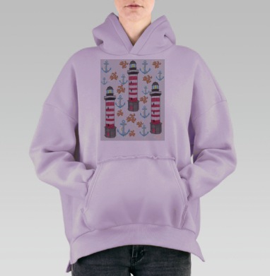 Маяк якоря кораллы красные белые серые голубые на белом фоне, Hoodie Oversize Fiolet, утепленная