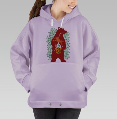 Медведь с желудком и надписью Бон Аппетит в листьях, Hoodie Oversize Fiolet