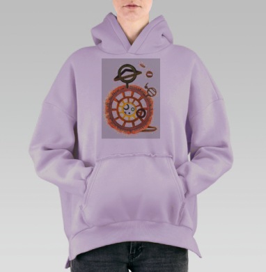 Механизм времени в акварели с зелёным коричневым жёлтым, Hoodie Oversize Fiolet, утепленная