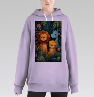 Милые дикие животные в зелёной тропической чаще, Hoodie Long Oversize Fiolet