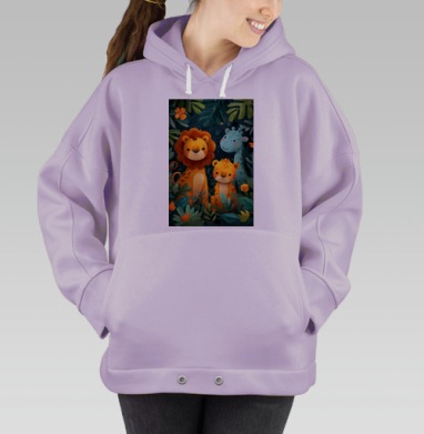Милые дикие животные в зелёной тропической чаще, Hoodie Oversize Fiolet