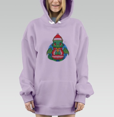 Милый зелёный дракон с подарком в зимней шапке, Hoodie Mjhigh Dig Mel, Fiolet, утепленная