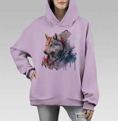 Могущественный волк в акварельных тонах с королевским ошейником плечи, Hoodie Mono Fiolet, оверсайз, утепленная