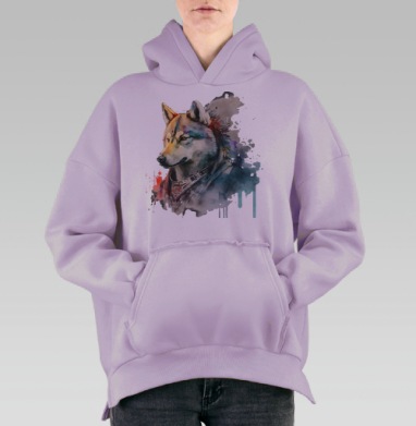 Могущественный волк в акварельных тонах с королевским ошейником плечи, Hoodie Oversize Fiolet, утепленная