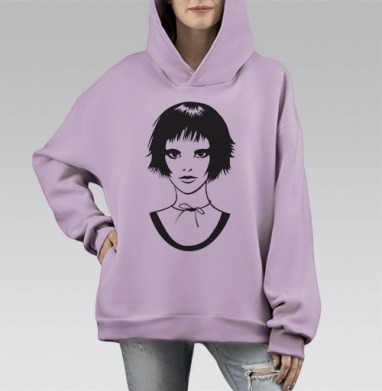 Молодая девушка с короткой стрижкой и шнурком на шее, Hoodie Mono Fiolet, оверсайз, утепленная