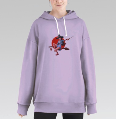 Молодая ведьма летит на метле с волшебной палочкой, Hoodie Long Oversize Fiolet