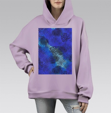 Морские тропические листья синяя свежесть лета, Hoodie Mono Fiolet, оверсайз, утепленная