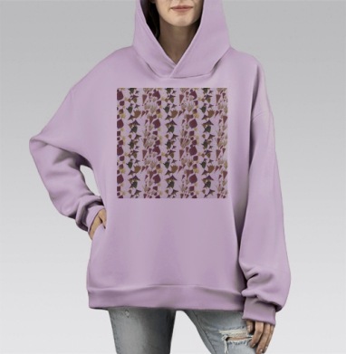 Морские водоросли в бордовых оливковых и охристых оттенках на белом фоне, Hoodie Mono Fiolet, оверсайз, утепленная