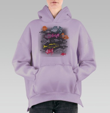 Морские яркие разноцветные рыбы на темном фоне в движении, Hoodie Oversize Fiolet, утепленная
