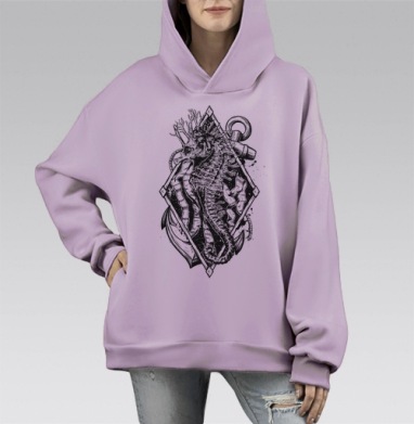Морской конёк обвивает якорь символ стабильности, Hoodie Mono Fiolet, оверсайз, утепленная
