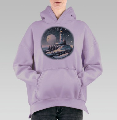 Морской маяк ночью с загадочным силуэтом моряка, Hoodie Oversize Fiolet, утепленная