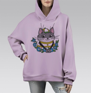 Мультяшный кот в кепке с фотоаппаратом с голубыми цветами, Hoodie Mono Fiolet, оверсайз, утепленная