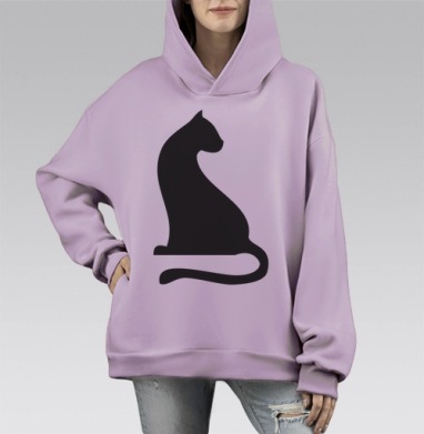 Черный силуэт стильного кота для декора, Hoodie Mono Fiolet, оверсайз, утепленная