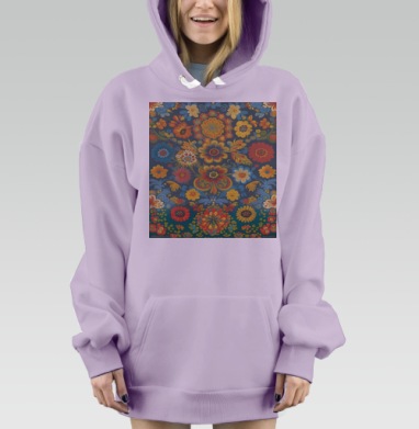 Насыщенный фольклорный цветочный узор на синем фоне, Hoodie Mjhigh Dig Mel, Fiolet, утепленная