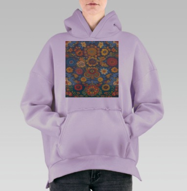 Насыщенный фольклорный цветочный узор на синем фоне, Hoodie Oversize Fiolet, утепленная