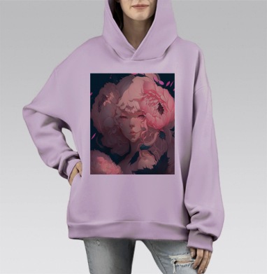 Нежная девушка с пионами в волосах нежно нежно нежно, Hoodie Mono Fiolet, оверсайз, утепленная