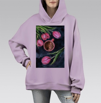 Нежные розовые тюльпаны с чашкой кофе на темном фоне, Hoodie Mono Fiolet, оверсайз, утепленная