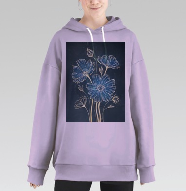 Нежные синие цветы на темном фоне спокойствие вдохновение умиротворение, Hoodie Long Oversize Fiolet