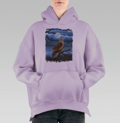 Ночная птица на ветке под луной – Ночная птица на ветке, Hoodie Oversize Fiolet, утепленная