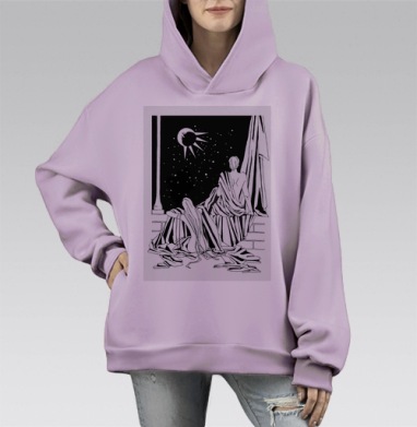 Ночная сцена с затмением в черно белых тонах на ступенях, Hoodie Mono Fiolet, оверсайз, утепленная