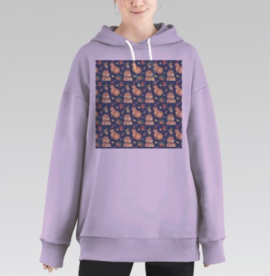Новогодний милый бычок на темно синем фоне, Hoodie Long Oversize Fiolet