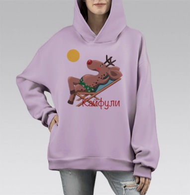 Олень в купальнике отдыхает на шезлонге кайфули, Hoodie Mono Fiolet, оверсайз, утепленная