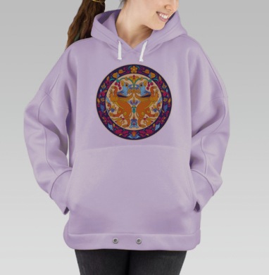 Оранжевые грифоны с синими элементами русских узоров, Hoodie Oversize Fiolet