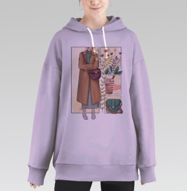 Осенний образ девушки с сумкой и кофейным напитком, Hoodie Long Oversize Fiolet
