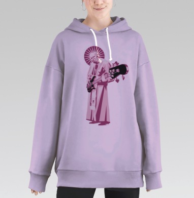 Папа Римский играет на бас-гитаре AC DC на фиолетовом фоне, Hoodie Long Oversize Fiolet