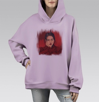 Печальная японка в красном пальто девушка эмоция чувства, Hoodie Mono Fiolet, оверсайз, утепленная