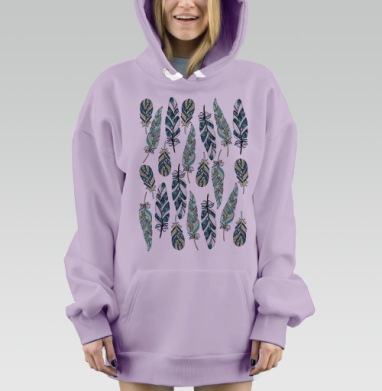 Бесшовный узор с этническими перьями в бохо стиле, Hoodie Mjhigh Dig Mel, Fiolet, утепленная