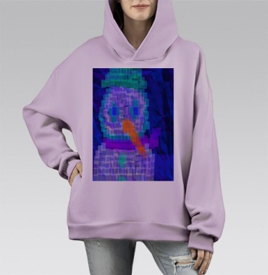 Пиксельный снеговик с оранжевым носом и фиолетовым шарфом, Hoodie Mono Fiolet, оверсайз, утепленная
