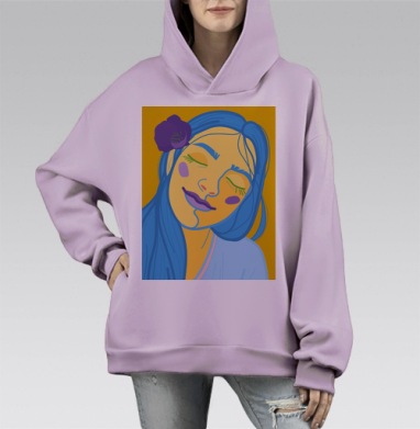 Портрет улыбающейся девушки в поп-арт стиле улыбаясь медитирует, Hoodie Mono Fiolet, оверсайз, утепленная