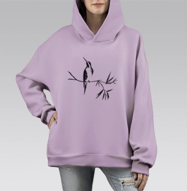 Птица на ветке в стиле Восточная живопись, Hoodie Mono Fiolet, оверсайз, утепленная