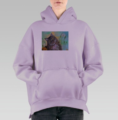 Пушистый кот на зелёной лужайке в одуванчиках, Hoodie Oversize Fiolet, утепленная