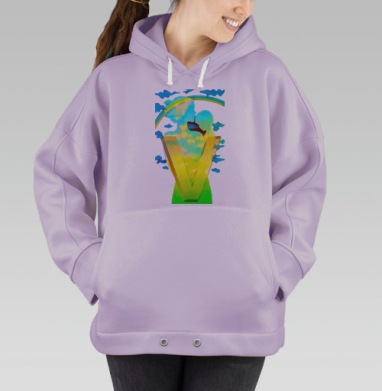 Радужная буква V с девушкой и рыбкой на фоне облаков, Hoodie Oversize Fiolet