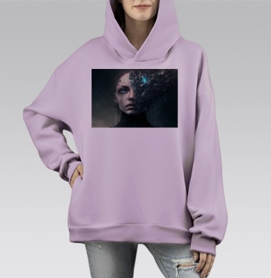 Разрушающееся Лицо Женщины в Футуристическом Обличье, Hoodie Mono Fiolet, оверсайз, утепленная