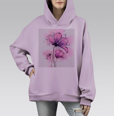 Романтичные розовые цветы с подчеркнутой фактурой нежности и легкости, Hoodie Mono Fiolet, оверсайз, утепленная