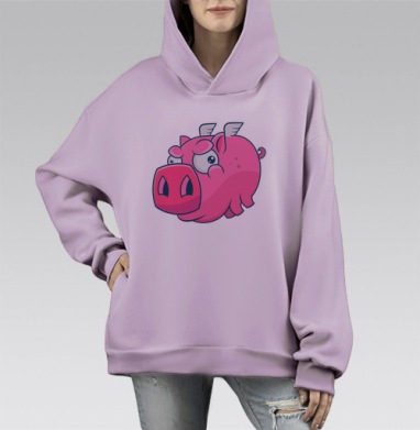 Розовая летящая свинья в светло сером фоне, Hoodie Mono Fiolet, оверсайз, утепленная
