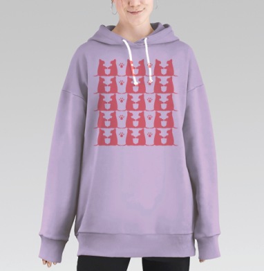 Розовые кошки серые лапки уютной атмосферы, Hoodie Long Oversize Fiolet