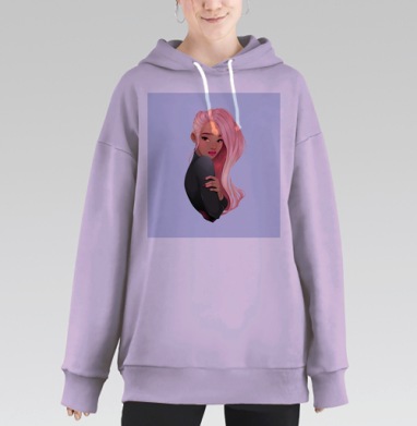 Розовые волосы у женщины в задумчивом образе в задумчивом образе, Hoodie Long Oversize Fiolet