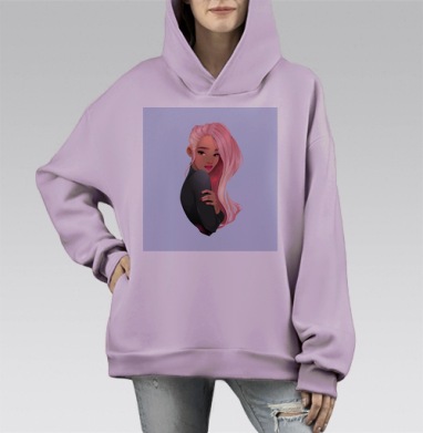 Розовые волосы у женщины в задумчивом образе в задумчивом образе, Hoodie Mono Fiolet, оверсайз, утепленная