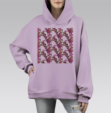 Розовые ягоды с зелёными листьями на сером фоне цветочный узор, Hoodie Mono Fiolet, оверсайз, утепленная