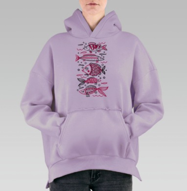 Рыбы красные черные белые плывут воды, Hoodie Oversize Fiolet, утепленная