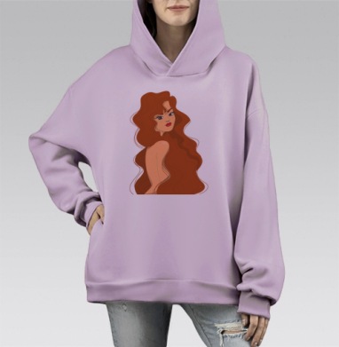Рыжеволосая девушка с длинными кудрявыми волосами на черном фоне, Hoodie Mono Fiolet, оверсайз, утепленная