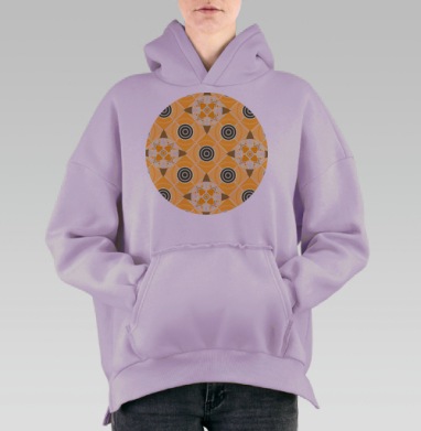 Рыжий геометрический узор с темно зелеными акцентами, Hoodie Oversize Fiolet, утепленная