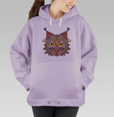 Рысь с декоративными серьгами выражает силу и загадочность, Hoodie Oversize Fiolet